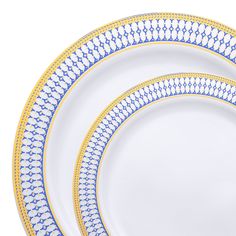 White with Blue and Gold Chord Rim Plastic Dinnerware Value Set | Smarty Had A Party Pickle Chips Recipe, Pumpkin Tarts Recipe, Fried Pickle Chips, Chocolate Covered Pretzel Sticks, Pumpkin Tarts, Plastic Dinnerware Sets, Crockery Design, White Dinnerware Set, Pickle Chips