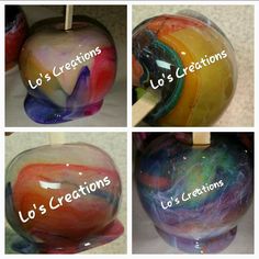 four different pictures of an apple with the words los creations painted on it and below