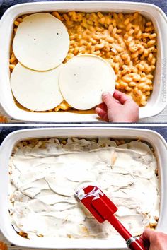 two pictures showing how to make baked macaroni and cheese