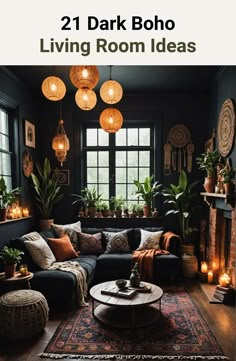 the living room is decorated in black and has lots of lights hanging from the ceiling