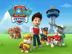 the paw patrol characters are standing in front of an amusement park with their puppies