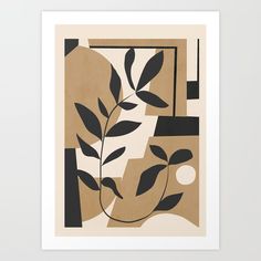 an abstract art print with leaves and circles in beige, black, and white colors