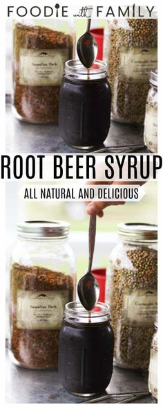 the cover of root beer syrup all natural and delicious, with text overlaying it