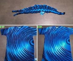 three pictures show how to make a t - shirt with blue and black swirls