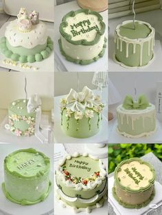 there are many different cakes that have been decorated with icing and decorations on them