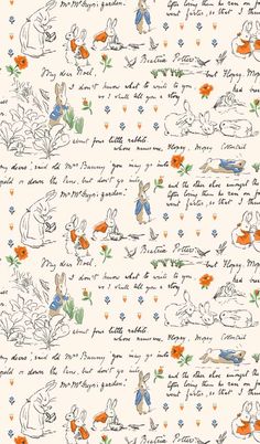 an image of rabbits and flowers on a white background with orange, blue, and green accents