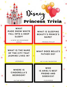 the disney princess trivia is shown in red, white and yellow with black lettering