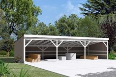 an artist's rendering of a carport with benches in the foreground and trees in the background