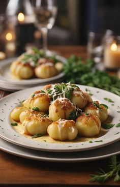 two white plates topped with scallops and garnished with parmesan cheese