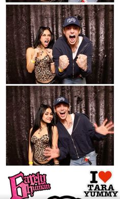 two people posing in front of a photo booth with the words i love you on it