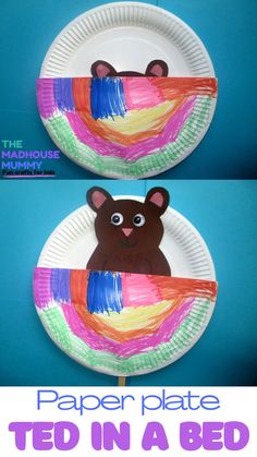 the paper plate ted in a bed is made to look like a bear and has been cut