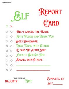 a red and green report card with words on it