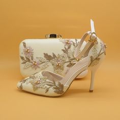 Shoe And Bag Set, Flower Wedding Shoes, Mesh Heels, Flower Shoes, Pump Types, Lace Flower, Flower Wedding, Lace Flowers, Types Of Dresses