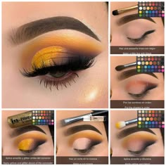 James Charles Palette, Yellow Eye Makeup, Makeup Morphe, Shimmer Eye Makeup, Eye Makeup Images, Makeup Pictorial, Yellow Eyeshadow, Bridal Eye Makeup, Makeup Steps