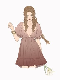 a drawing of a woman in a brown dress with flowers on her arm and one hand out