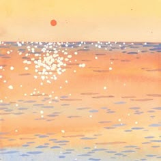 an orange and blue watercolor painting of the ocean at sunset with small white dots in the sky