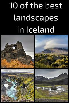 the cover of 10 of the best landscapes in iceland, with pictures of mountains and rivers