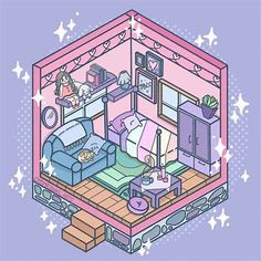 an illustrated drawing of a living room with furniture and stars on the wall behind it