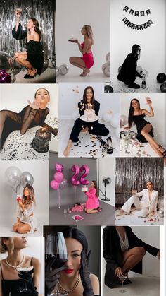 a collage of photos with balloons and woman in black dress sitting on the floor