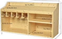 the measurements for an unfinished wooden bench with storage compartments on each side and two shelves at the top