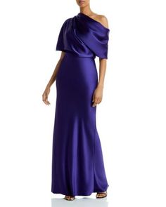 Amsale Draped Satin One Shoulder Dress Satin One Shoulder Dress, Navy Satin Dress, Amethyst Dress, Hamptons Outfit, Amsale Dress, Formal Evening Wear, Draped Bodice, Ice Dresses, Drape Gowns