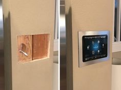 two pictures of an electronic device on the wall next to a door with a lock