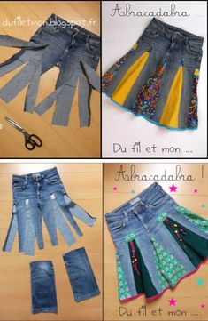 four pictures showing how to make a skirt out of old jeans and other sewing supplies