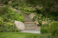 a garden with steps leading up to some bushes and flowers