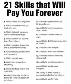 a poster with the words 21 skills that will pay you forever and how to use them