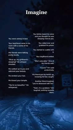 an image with the words imagine written on it in front of a snowy road at night