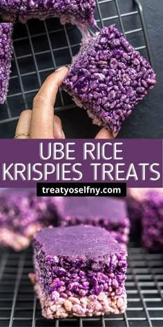 purple rice krispies treats are stacked on top of each other and being held up