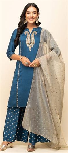 Blue color Salwar Kameez in Blended, Silk fabric with Embroidered, Resham work Festive Blue Palazzo Set With Zari Work, Blue Palazzo Set With Dori Work For Diwali, Blue Zari Work Palazzo Set For Diwali, Blue Palazzo Set With Zari Work For Festive Occasions, Blue Palazzo Set With Pallu And Straight Kurta, Diwali Blue Palazzo Set With Zari Work, Diwali Blue Palazzo Set With Dupatta, Blue Palazzo Set With Dupatta For Diwali, Blue Embroidered Palazzo Set For Festivals