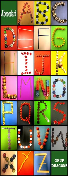 the alphabet made out of beads is shown in different colors and sizes, including one letter