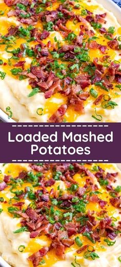 loaded mashed potatoes with bacon and chives in a casserole dish on a plate