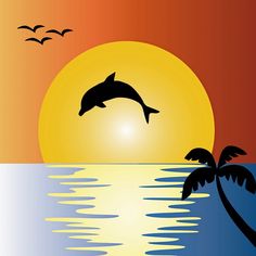 a dolphin jumping out of the water at sunset with palm trees and seagulls