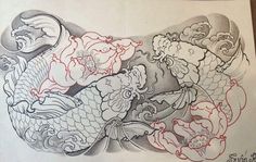 a drawing of two koi fish with clouds and waves on the back of it