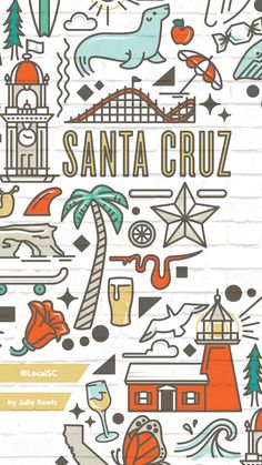 the cover of santa cruz by julia rawe, illustrated in orange and blue on white paper