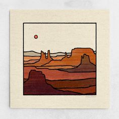 an image of a desert landscape with mountains and rocks in the background, painted on wood