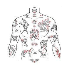 a man with many tattoos on his body and chest is shown in red ink, which includes