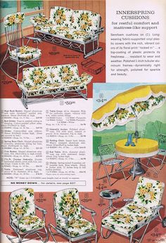 an advertisement for patio furniture from the 1950's with flowers on them and yellow umbrellas