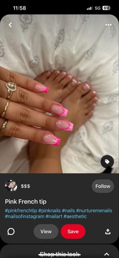 Light Pink With Hot Pink Tip Nails, 2 Tone Pink French Tip Nails, Pink Outlined French Tips, Light Pink And Hot Pink French Tips, 2 Tone Pink Nails, Barbie French Tip Nails, Nails To Go With A Pink Dress, Hot Pink Coffin Nail Ideas, Light Pink And Hot Pink Nails