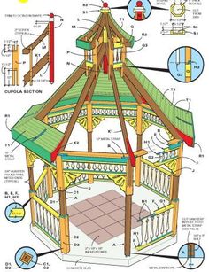 an image of a wooden gazebo with instructions on the top and bottom part, including details