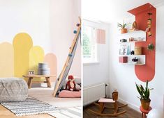 two pictures of a child's room with pink, yellow and orange accents on the walls