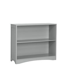 a gray bookcase with two shelves on each side