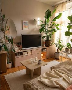 a living room filled with furniture and a flat screen tv on top of a wooden table