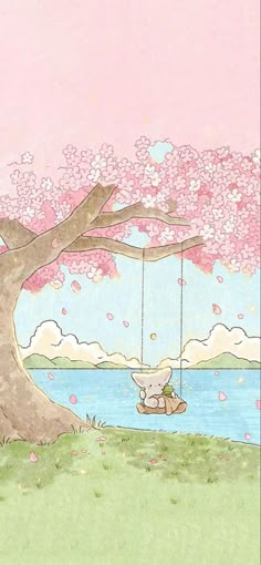 a drawing of a teddy bear sitting on a swing in front of a cherry blossom tree