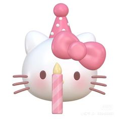 a hello kitty balloon with a candle in it's mouth and a birthday hat on top