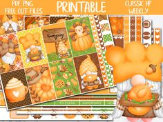 an orange and green thanksgiving themed printable scrapbook page with pumpkins, turkeys,