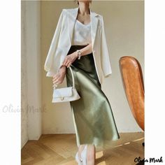 Olivia Mark - Satin Sheen High-Waisted Midi Skirt with a Flattering Mermaid Silhouette and Elegant Hemline Elegant Maxi Skirt, Satin Maxi Skirt, Skirts Midi High Waisted, Pleated Maxi Skirt, Mermaid Silhouette, Satin Maxi, Pleated Maxi, Layered Skirt, Summer Skirts