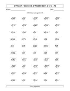 division worksheet with dividers from 1 to 6